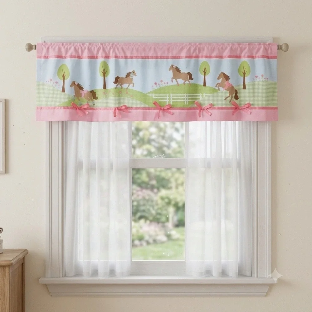 Circo Pretty Horses Window Valance 54x15 Pink Green Gingham Girls Room Decor